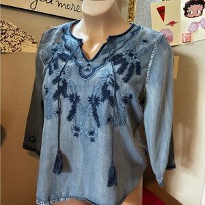 Embroidered Denim-Look Top in Light Blue